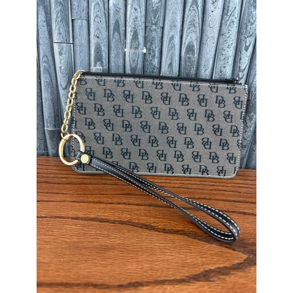 Dooney & Bourke Handbags - Dooney & Bourke Monogram Canvas Wristlet Clutch black Grey Gold Tone Hardware